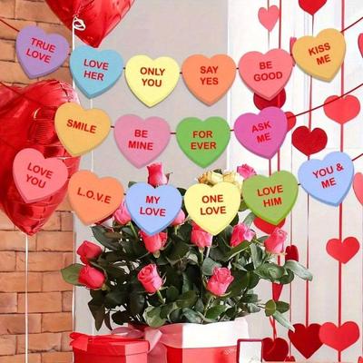 Valentinstag Herz Banner Girlande - Bonbonfarben, Vorgefädelt mit Liebessprüchen für Jubiläum, Hochzeit & Geburtstagsdekorationen