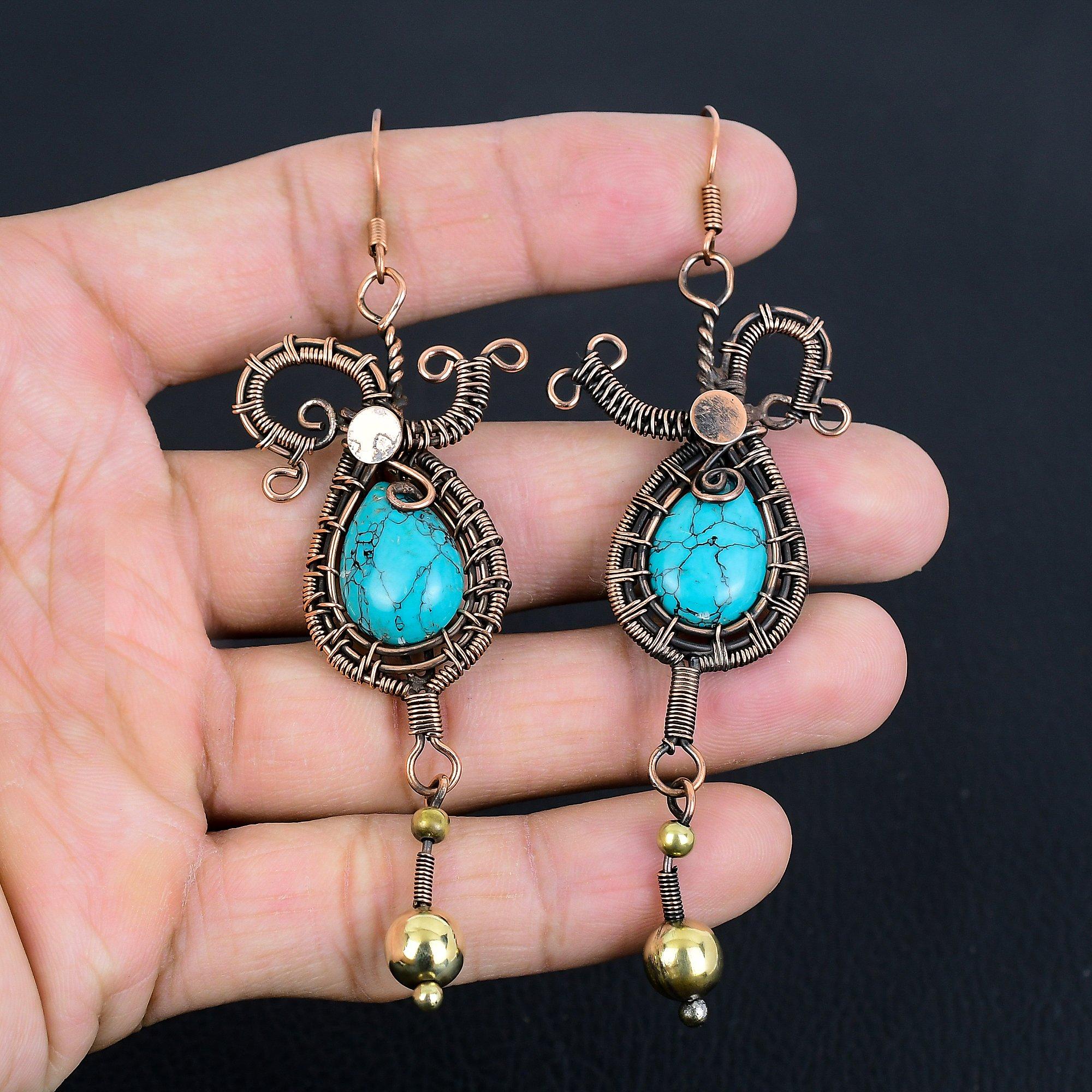 

Серьги с тибетской бирюзой, ювелирные изделия из драгоценных камней, серьги ручной работы, обернутые медной проволокой 999 пробы, ювелирные изделия новейшего дизайна 3.55