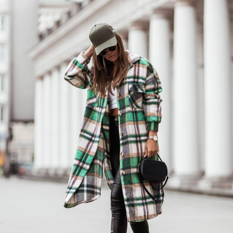 RUGOD Coat Women's Fashionable Loose Autumn and Winter New Design Plaid Stitching Pockets Long-sleeved Mid-length Cardigan