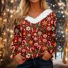 Top Navideño Estampado para Mujer con Mangas Largas, Cuello en V y Cuello de Peluche