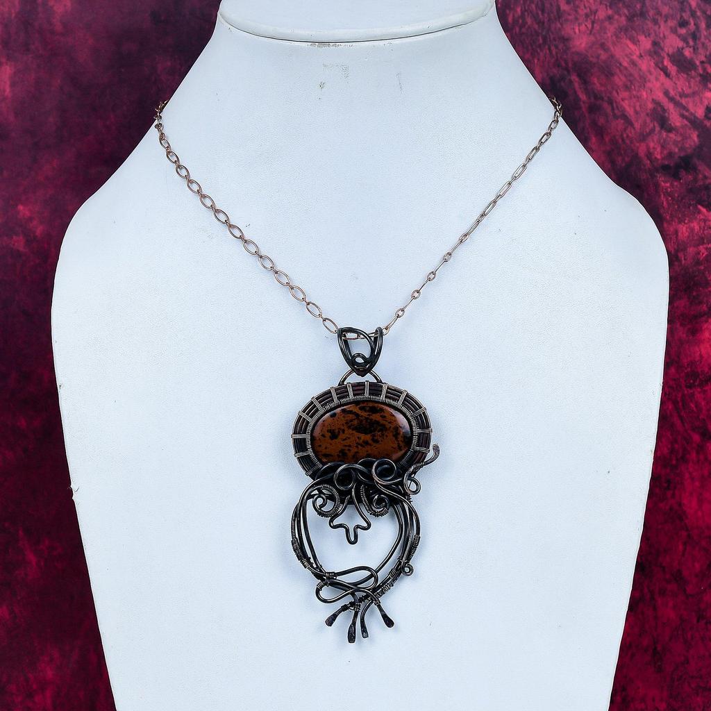 Mahogany Obsidian Pendant Handmade Gemstone Pendant Copper Wire Wrapped Jewelry