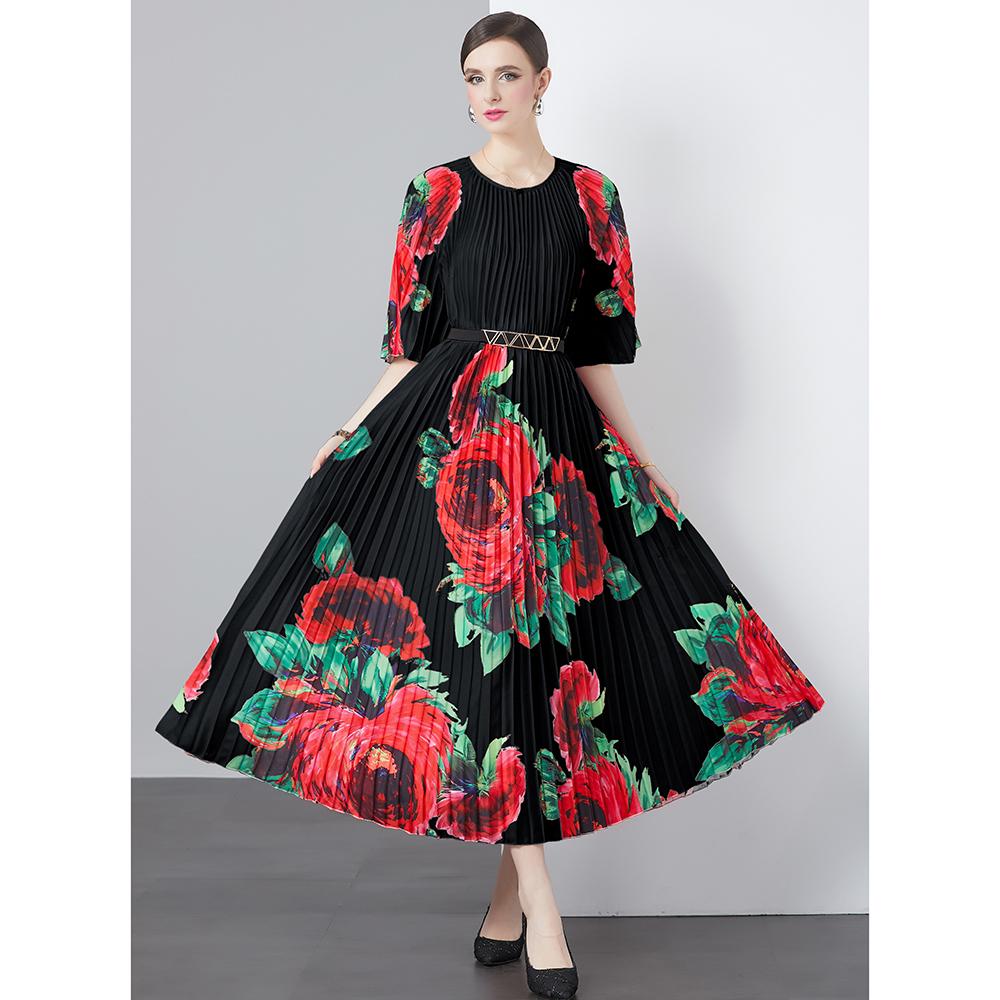 

Летние женские элегантные винтажные свободные длинные макси-платья с принтом роз и поясом One Size чёрный