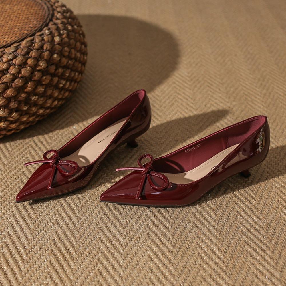 Absatzschuhe für Damen Neue flache Öffnung Kleiner Absatz Einzelne Schuhe Damen Spitz zulaufende Spitze Lackleder Schleife Damenschuhe