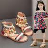 Kids Beach Shoes Non-slip Soft Sole Girls Roman Sandals Ethnic Style Bohemia 2025 New Fashion Children Princess Shoes Back Zip