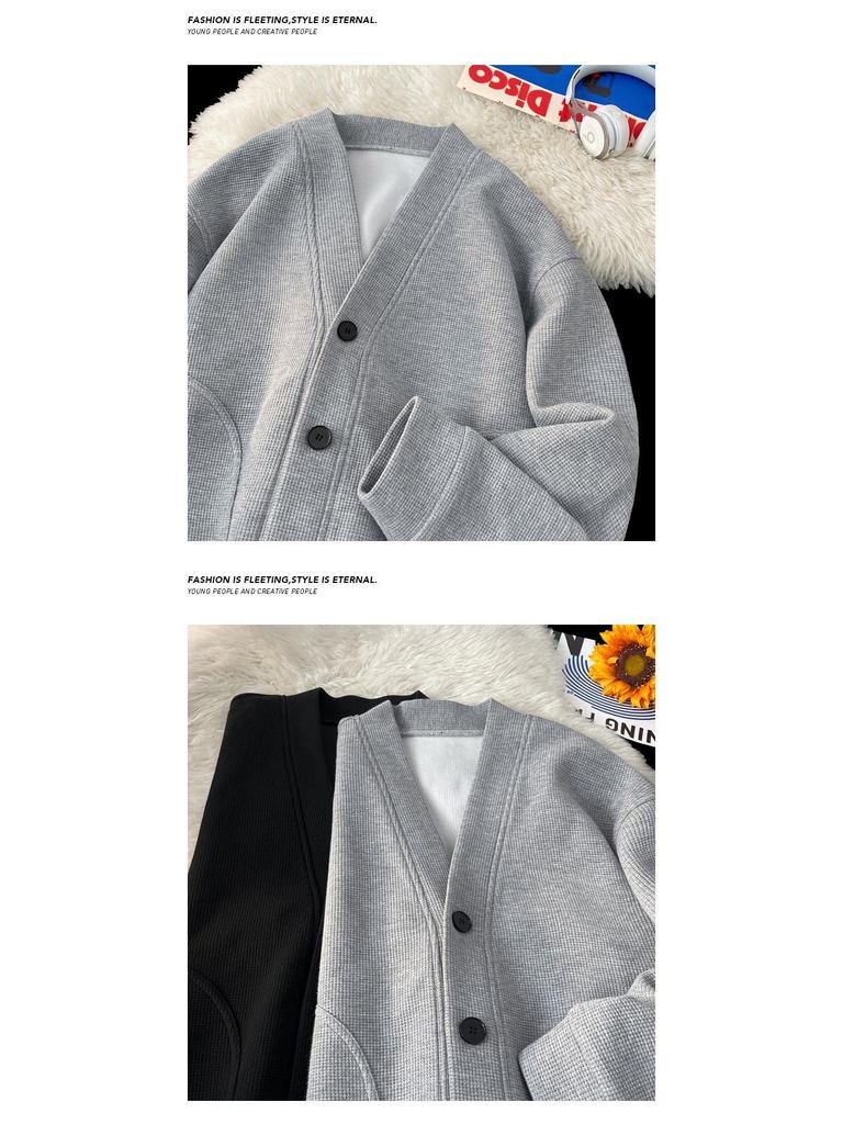 Men's Retro Waffle Knit V-Neck Cardigan Hoodie – Spring/Autumn Heavyweight Loose Casual Jacket.