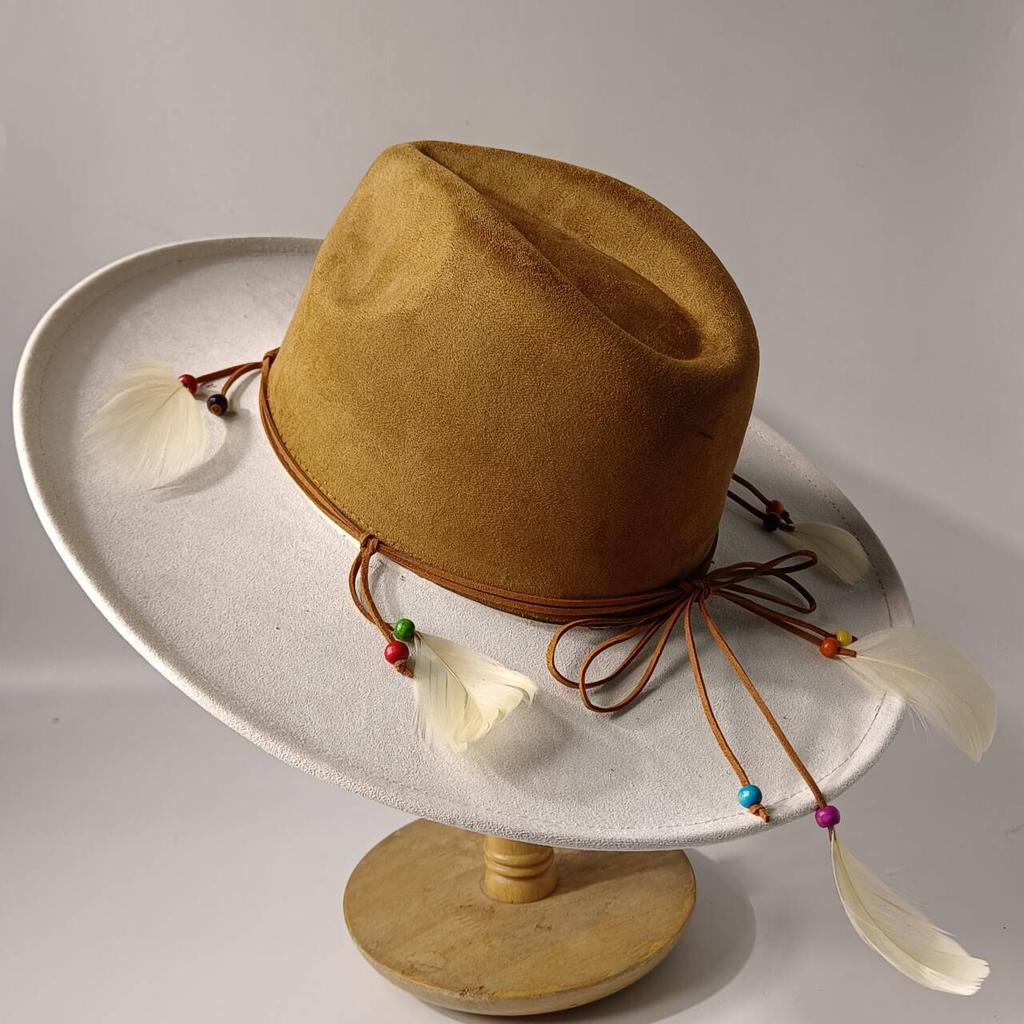 2026Bohemian style suede hat, brim 9.5 cm fedora with feather accessories, classic church hat, wide brim hat, women's hat