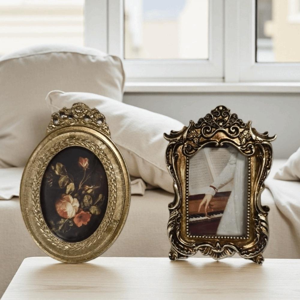 Carved Flower Design Vintage Photo Frame Rectangular Photo Stand Photo Holder Home Decor