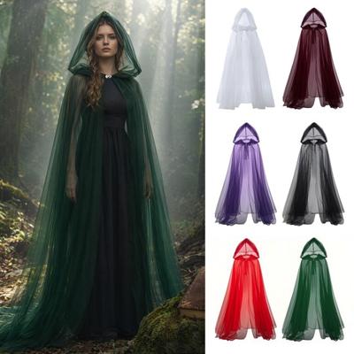 Mantello lungo con cappuccio in rete per adulti, Mantello in tulle trasparente a 2 strati, Mantello per costume da Elfo Oscuro Regina Strega Gotica Cosplay Halloween Rinascimento