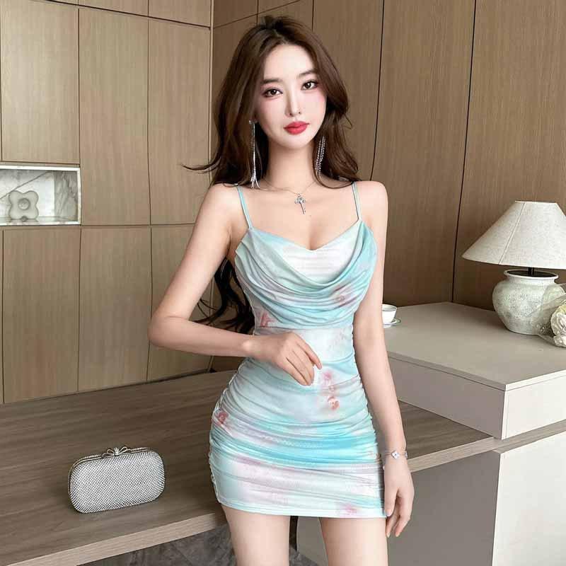 

Модное женское сексуальное сетчатое платье с бретельками через шею и принтом L