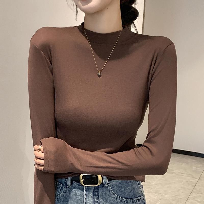 Women's Long Sleeve T-Shirt Base Layer Solid Color Undershirt with Half-High Neck Crew Neck and Small Stand Collar