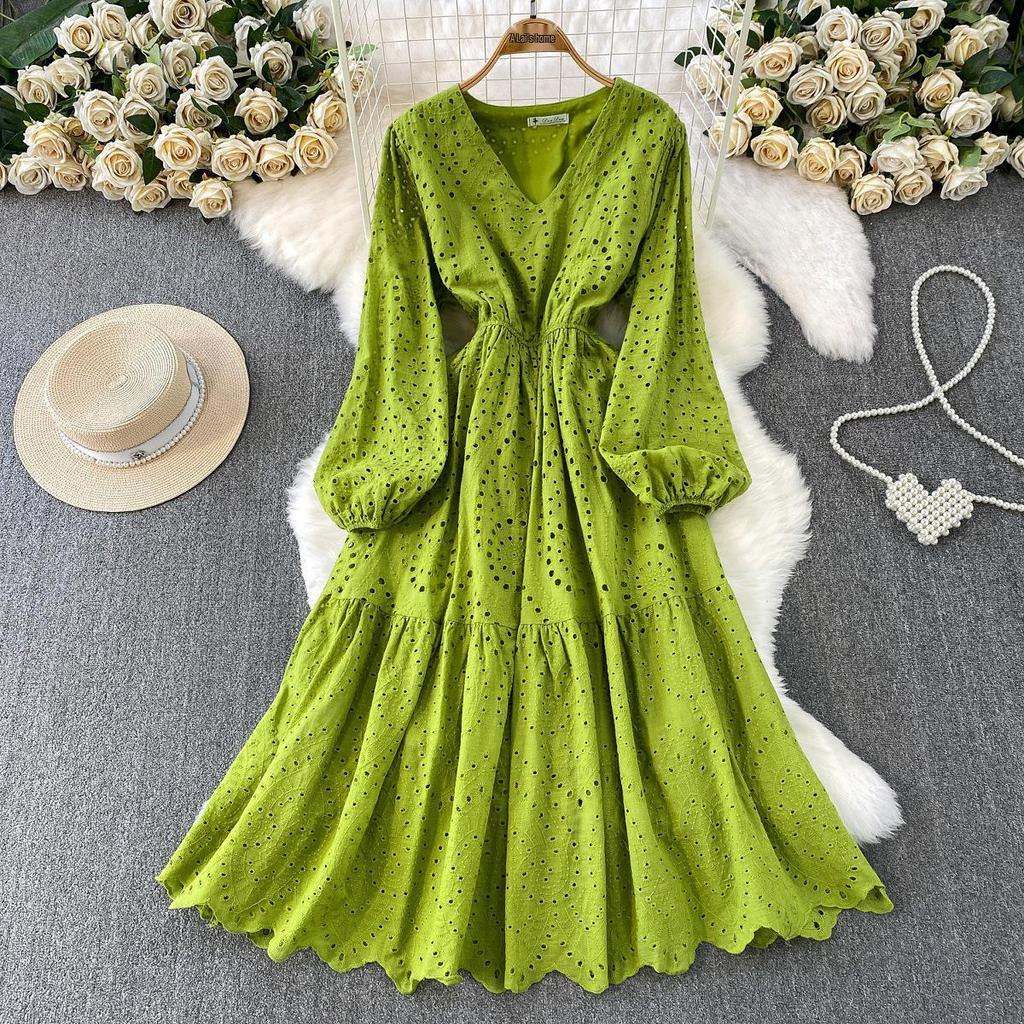 French Pink V-Neck Embroidered Ruffle Dress: Women's Autumn/Winter Waist-Cinching Long Dress