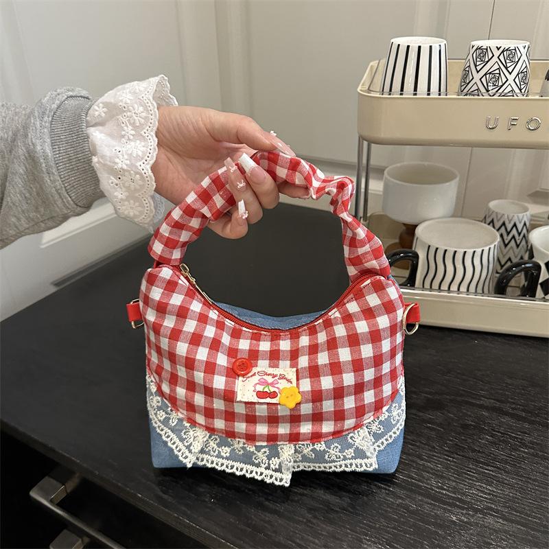 Sweet Lace Plaid Women'S Shoulder Bags Patchwork College Style Crossbody Bag Y2K Koreanhandbags