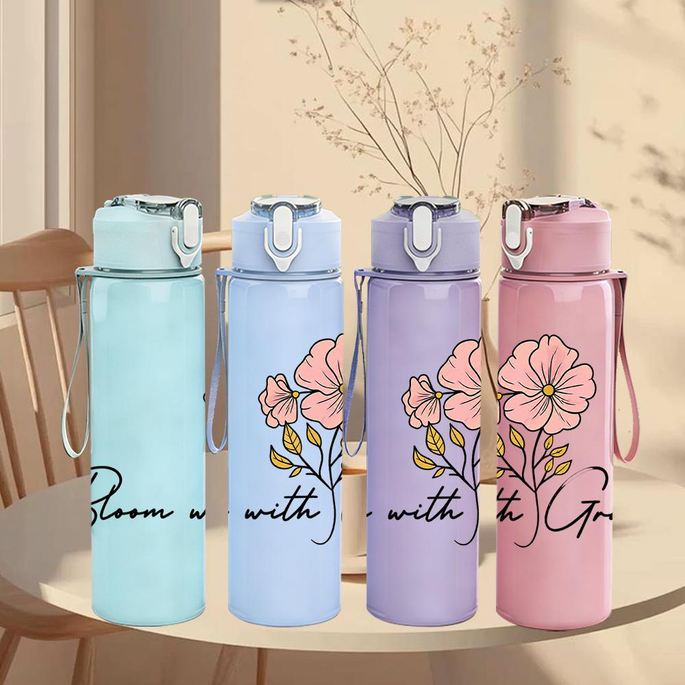 1PC Bloom With Grace Floral Graphic,750ml Color Plastic Sports Water Bottle,Leakproof Flip Straw Lid,Suitable for Sports Office Home Use