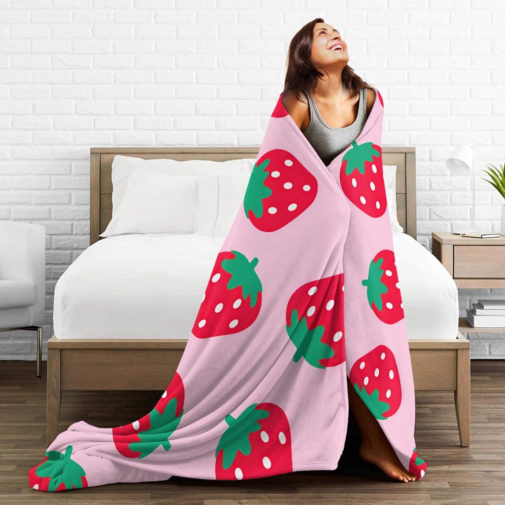Pink Strawberry Blanket Warm Soft Funny Plush Throw Blanket For Couch Bed Decorative Flannel Bedspread Bed Cover