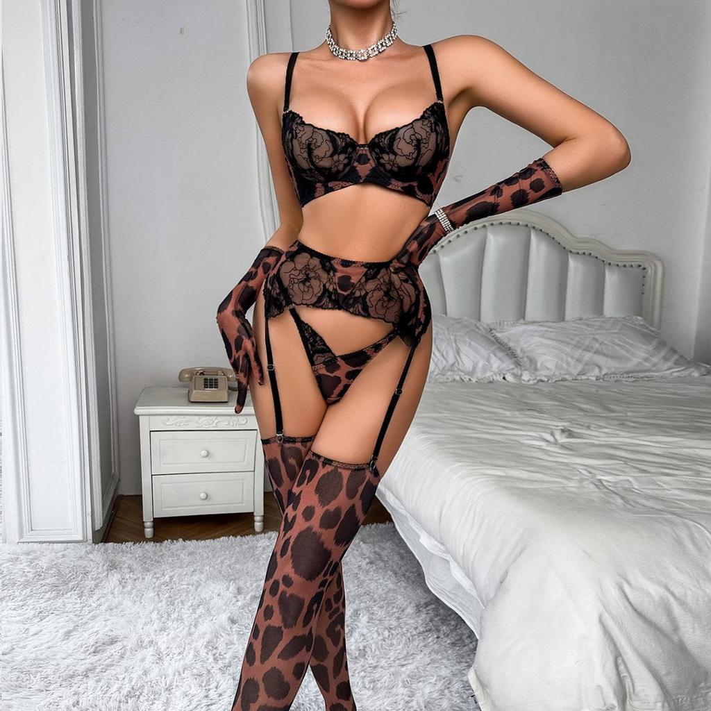 Sexy Damen-BH-Set Leopardenmuster Spitze Spleißung Dessous Mode Bequem 5-teiliges Dessous-Set