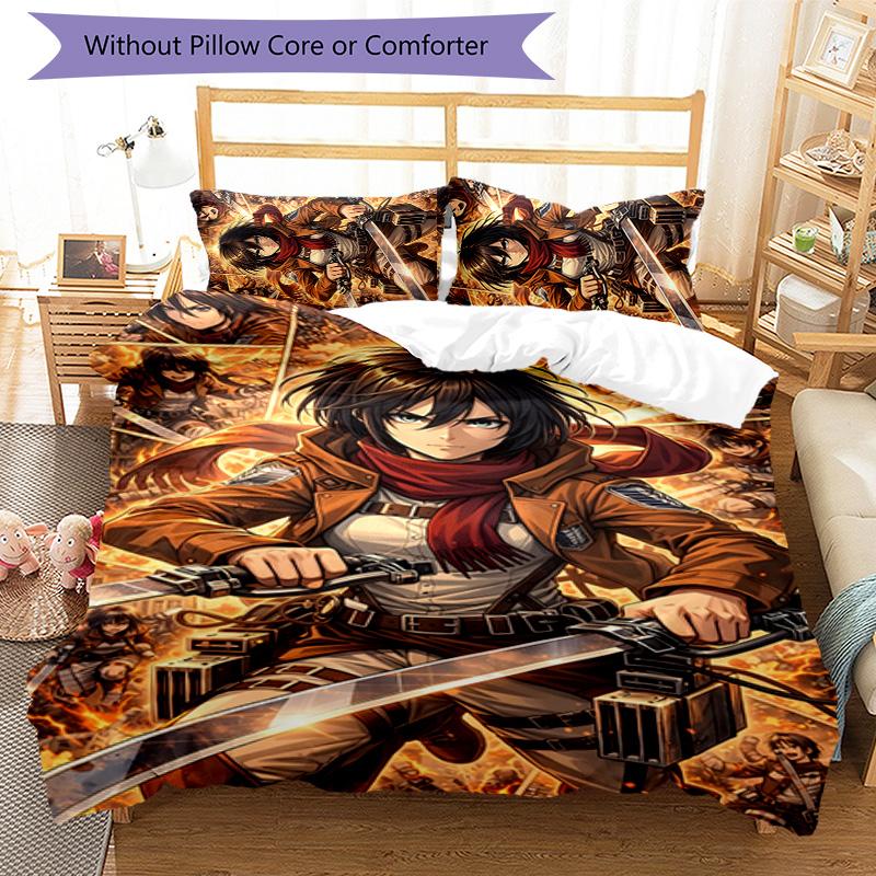 Eren & Mikasa 3pcs Bedding Set Duvet Cover Closure Includes 1 Duvet Cover & 2 Pillowcases for All Seasons Bedroom Home Dorm Decor