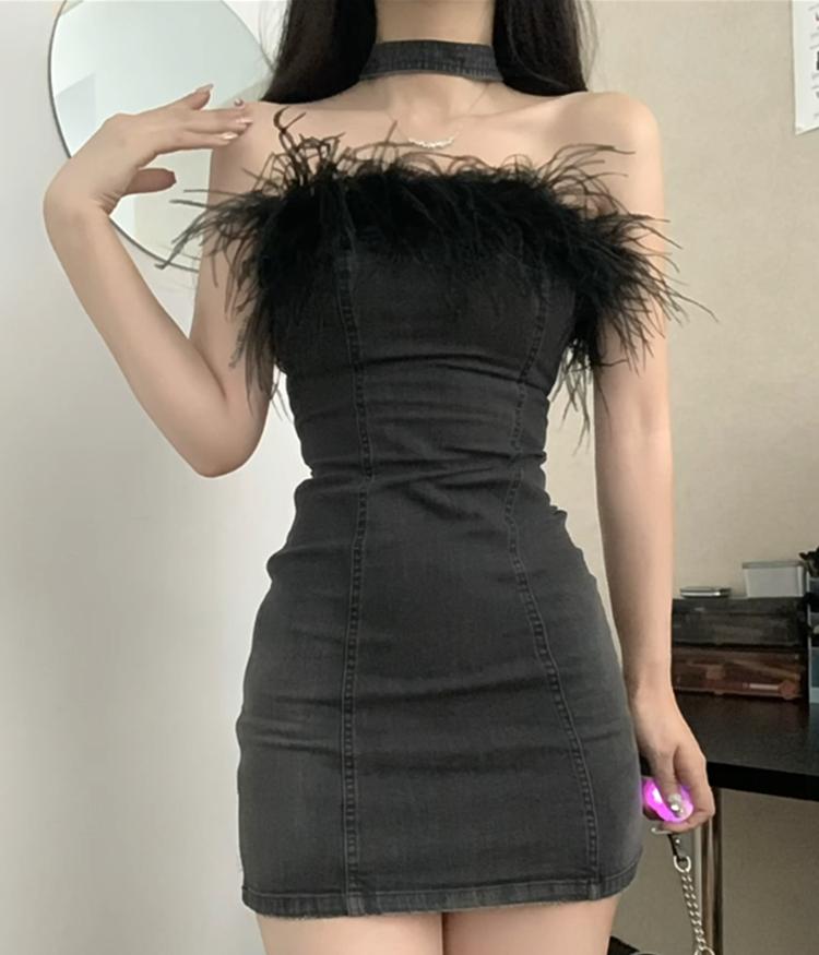 Letní dámské džínové minišaty Jarní večerní večírek Bodycon šaty bez zad s peřím