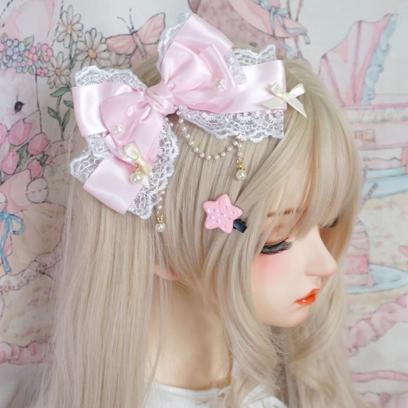 Elegante Fermaglio per Capelli con Fiocchi Grandi in Stile Anime con Frange di Perle Finte Fermaglio alla Moda per Tea Party e Servizi Fotografici