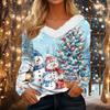 Women's Christmas Print Long Sleeve V-Neck Top with Fuzzy Collar
