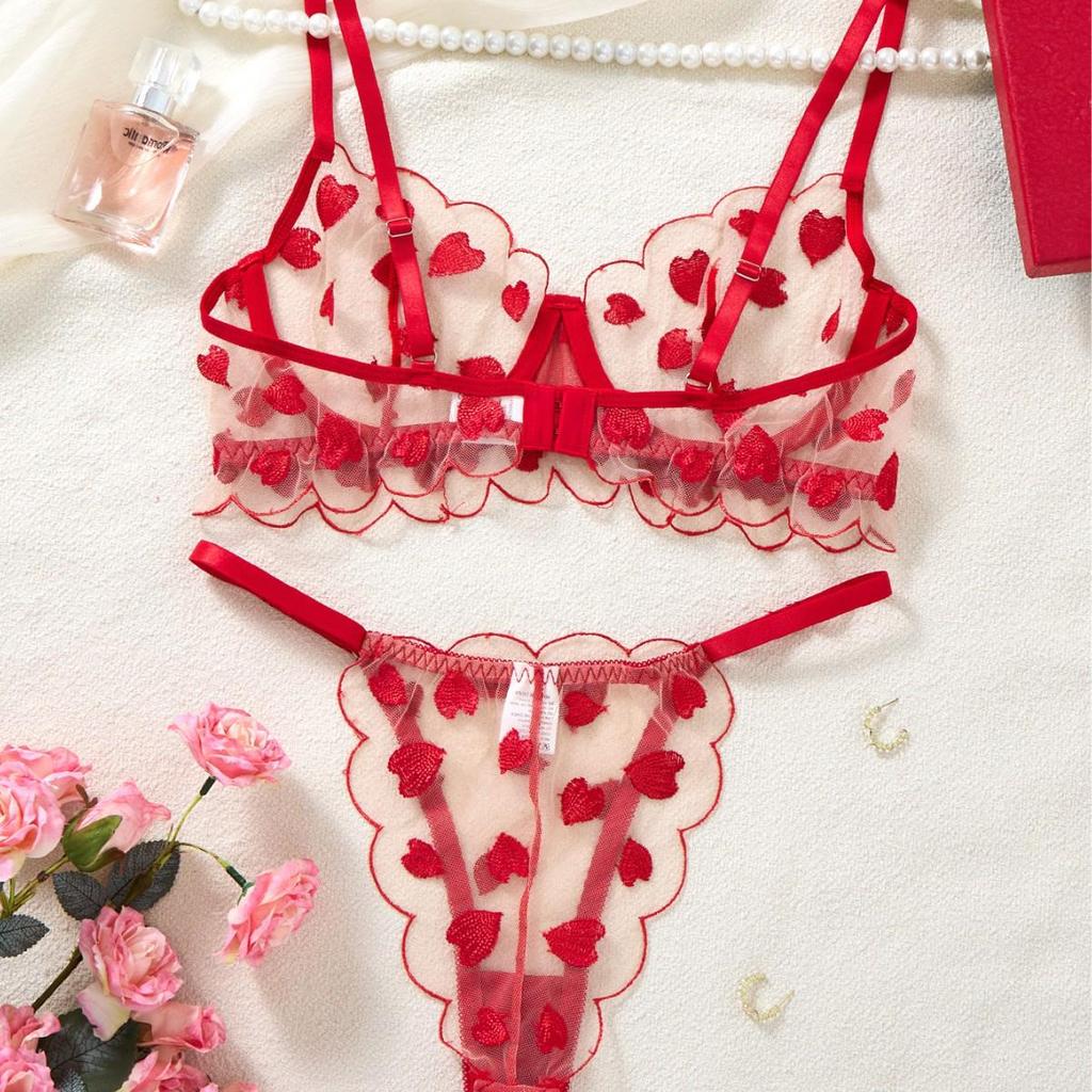Red Heart Embroidered Mesh Lingerie Set - Sexy Push-up Bra with Anti-sag Support, Desire Style 203