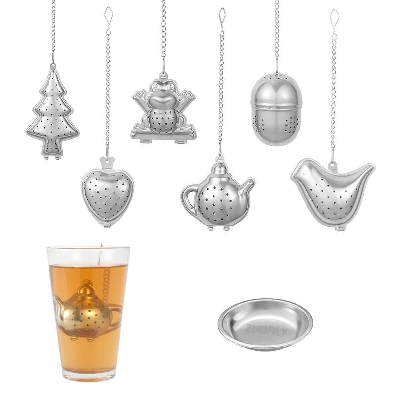 New Stainless Steel Tea Infuser Teapot/Heart/Bird/Frog/Tree/Star Shaped Mesh Strainer Coffee Herb Spice Diffuser With Dish Tray