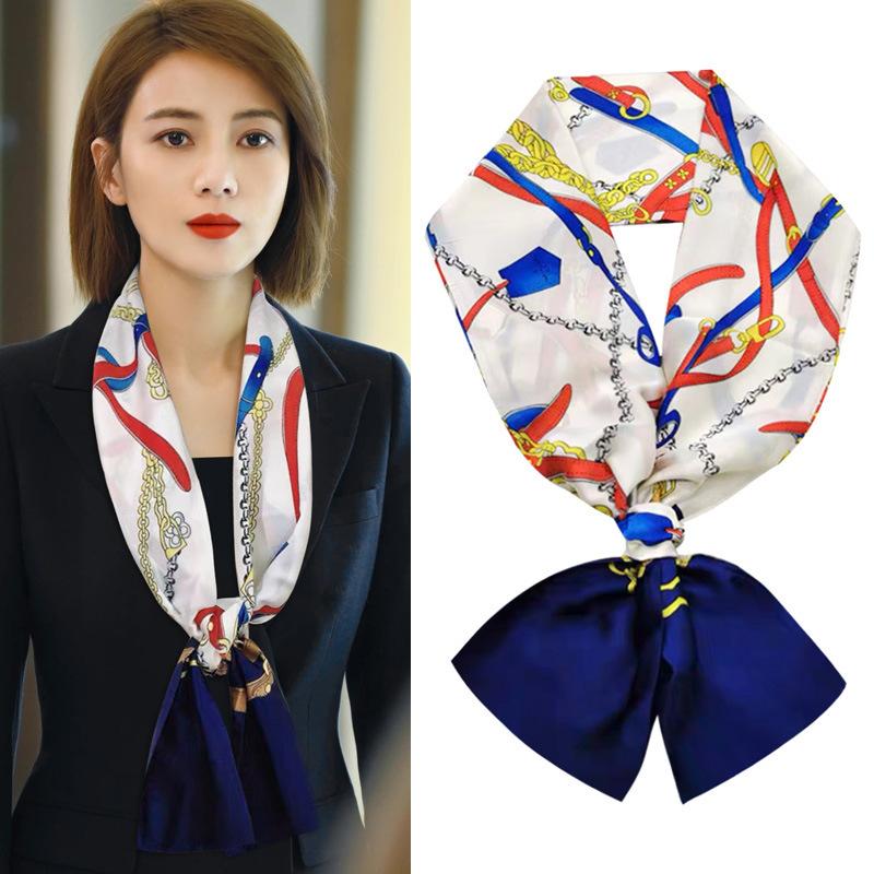 Long small silk scarf spring and summer new with shirt streamer multi-functional belt hair tie high-end printed scarf