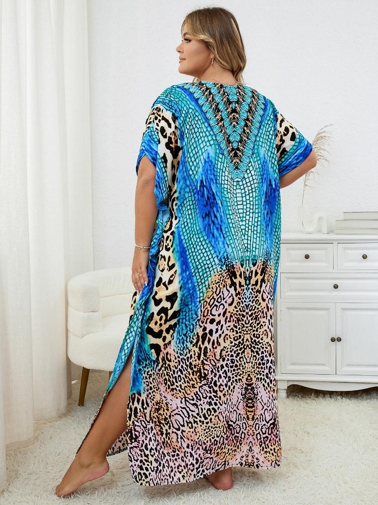 EDOLYNSA Blue Leopard Print Women's Kaftan Oversized Bohemian Printed Long Dress Lounge Snazzy Boho Party House Dress Summer Wear Q1415