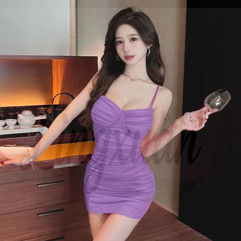 

Sexy Strapless Mesh Bodycon Dress with Built-in Bra, Ruffled Slim Fit Mini Skirt Large фиолетовый
