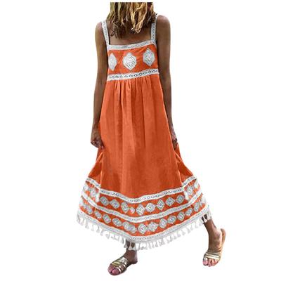 (SU)Women Summer Boho Print Beach Holiday Dress Strap Big Swing Tassel Maxi Dress
