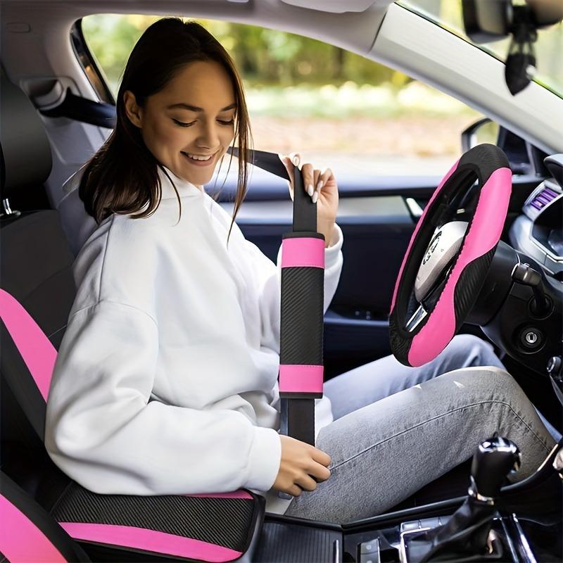 Juego de 37 Piezas para Interior de Coche para Mujer - Fundas de Asiento de Poliéster, Funda de Volante de PU, Almohadillas para Hombros, Tiras Decorativas, etc.