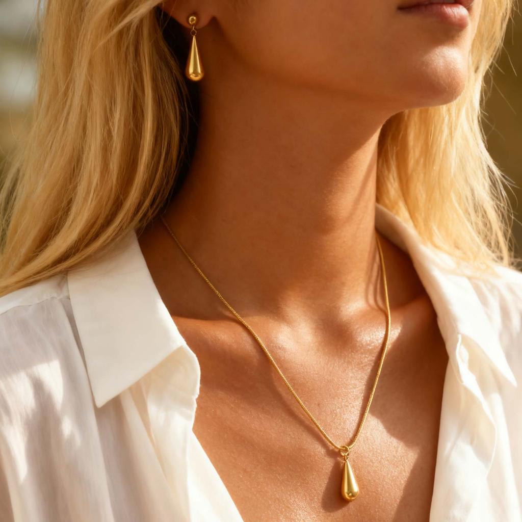 Fashion Set Jewelry Water Drop Earrings Necklace for Women Stainless Steel Gold Plated Necklaces Dainty Set Accessories Gift