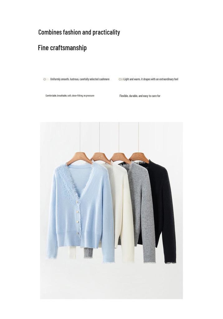 Women's Cashmere V-Neck Patchwork Lace Trim Cardigan