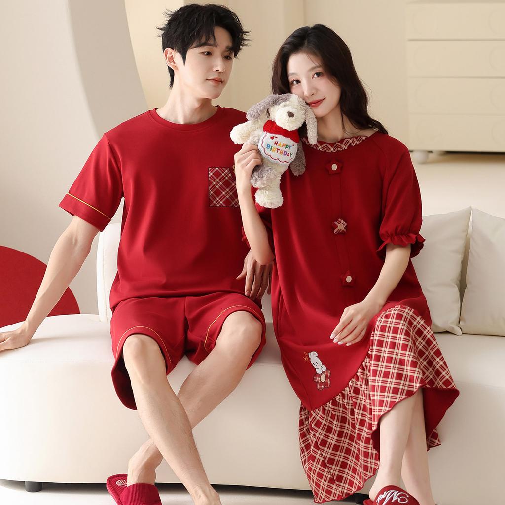 Red Nightdress Couple Summer Wedding Suit Pure Cotton Short-sleeved Men's and Women's Natal Year Cute Thin Wedding Loungewear