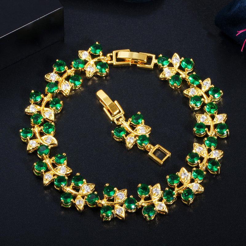 

S0169 Изысканный браслет и украшения из бриллиантов-вспышек, покрытые настоящим золотом с цирконом. зелёный