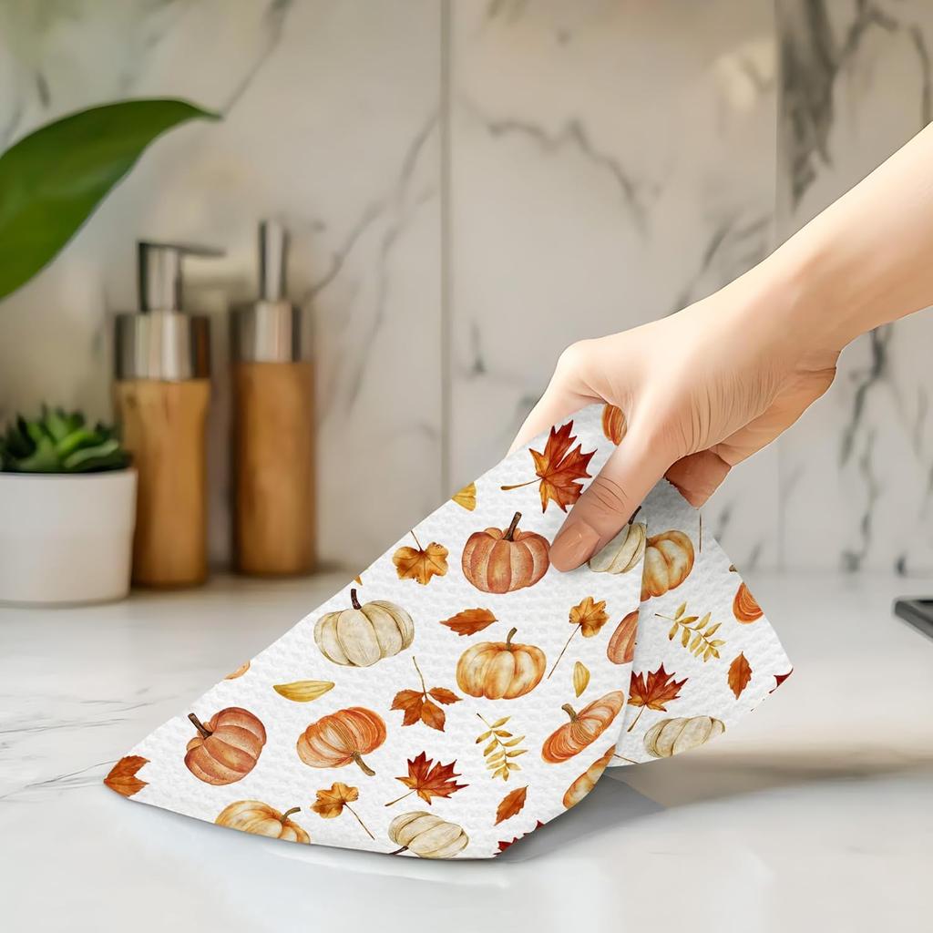 Fall Pumpkin Maple Leaves Towels, Farmhouse Autumn Pumpkin Hand Towels for Bathroom Decor, Rustic Fall Harvest Thanksgiving Dishcloths Dish Towel for