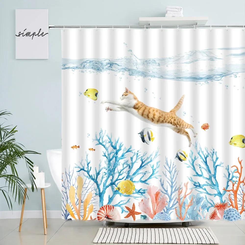 

Nordic Cartoon Shower Curtains Underwater Fish Coral Sea Turtle Swimming Cat Creative Children Bathroom Decor Bath Curtain Hooks W60H190(CM)-1 Pcs