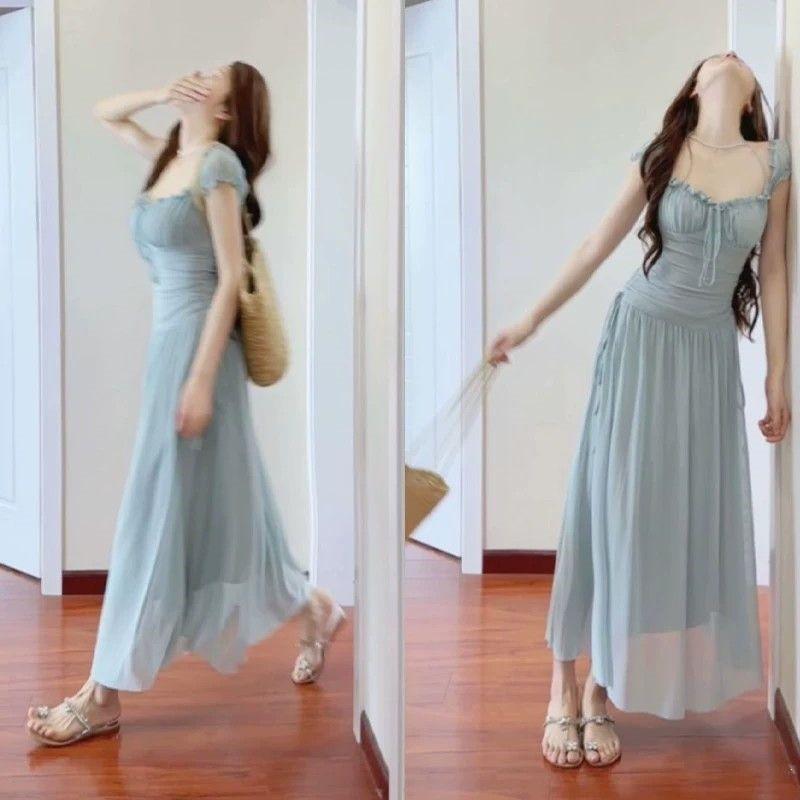 Green Solid A-Line Wrap Waist Maxi Dress Women 2026 Vacation Style Sleeveless Cami Small