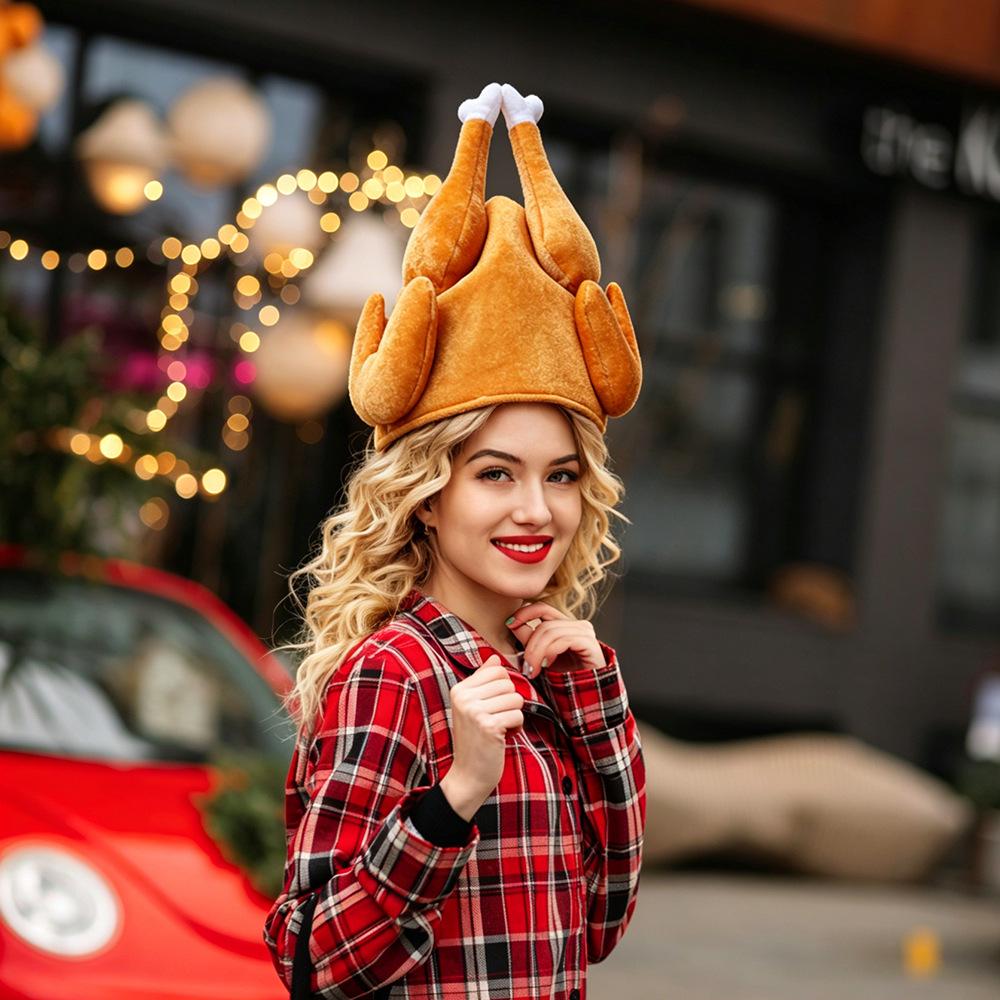 Thanksgiving Turkey Hat - Cartoon Chicken Leg Headband, Gold Velvet Costume for Party or Carnival.