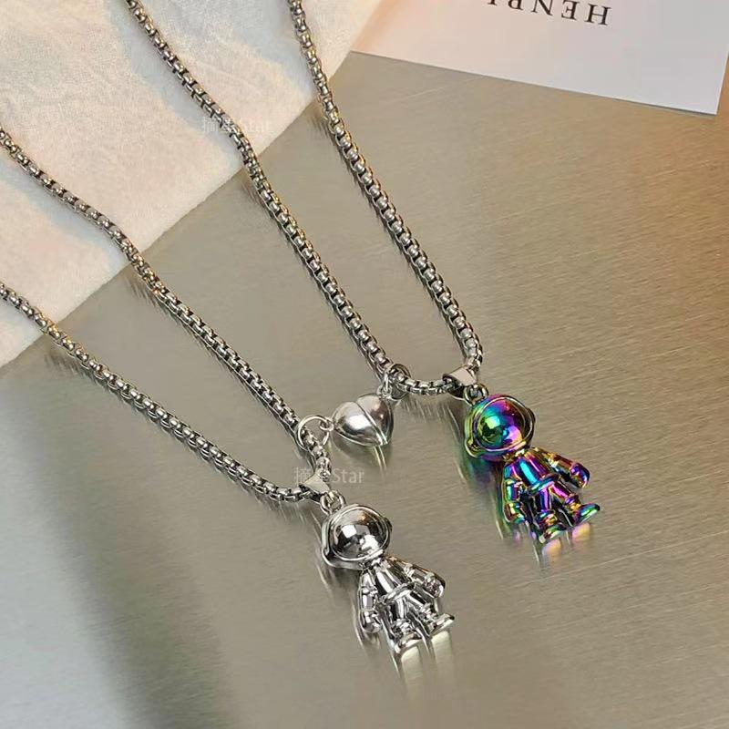 Astronaut Couple Magnetic Necklace Set - Colorful Alloy Pendant with Niche Design