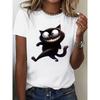 Women's T-shirt Paired with Fun Black Cat Print Summer Short Sleeved Shirt