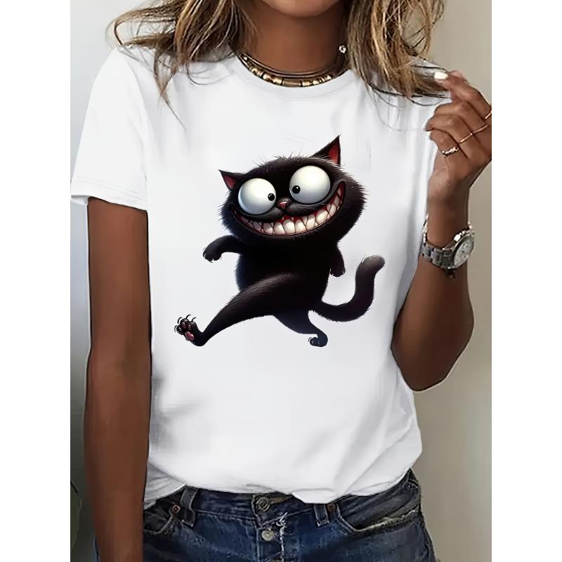 Women s T-shirt paired with fun black cat print summer short sleeved shirt 2XS