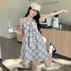 French High-end Plaid Neck Dress Women's Summer New Niche Design Temperament Retro Casual Skirt