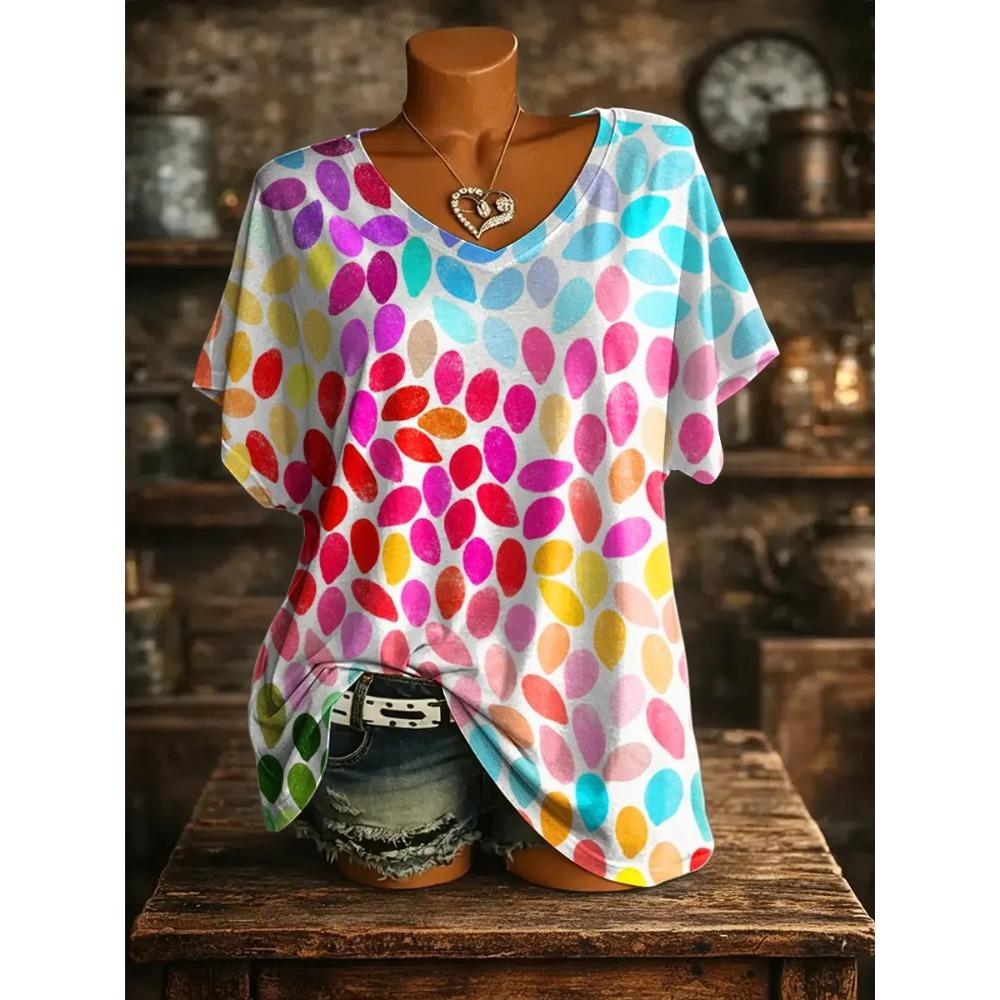 Fashionable Comfortable Oversized Breathable Women's V-neck T-shirt Colorful Creative Geometry 3D Pattern Summer Short Sleeved T-shirt