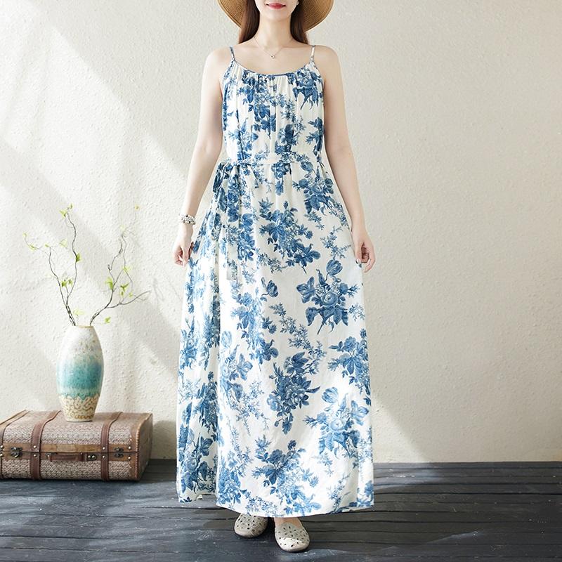 Bez rukávů, ramínka, plus size, bavlněné, vintage, květinové, nové, šaty pro ženy, ležérní, volné, dlouhé, letní,...