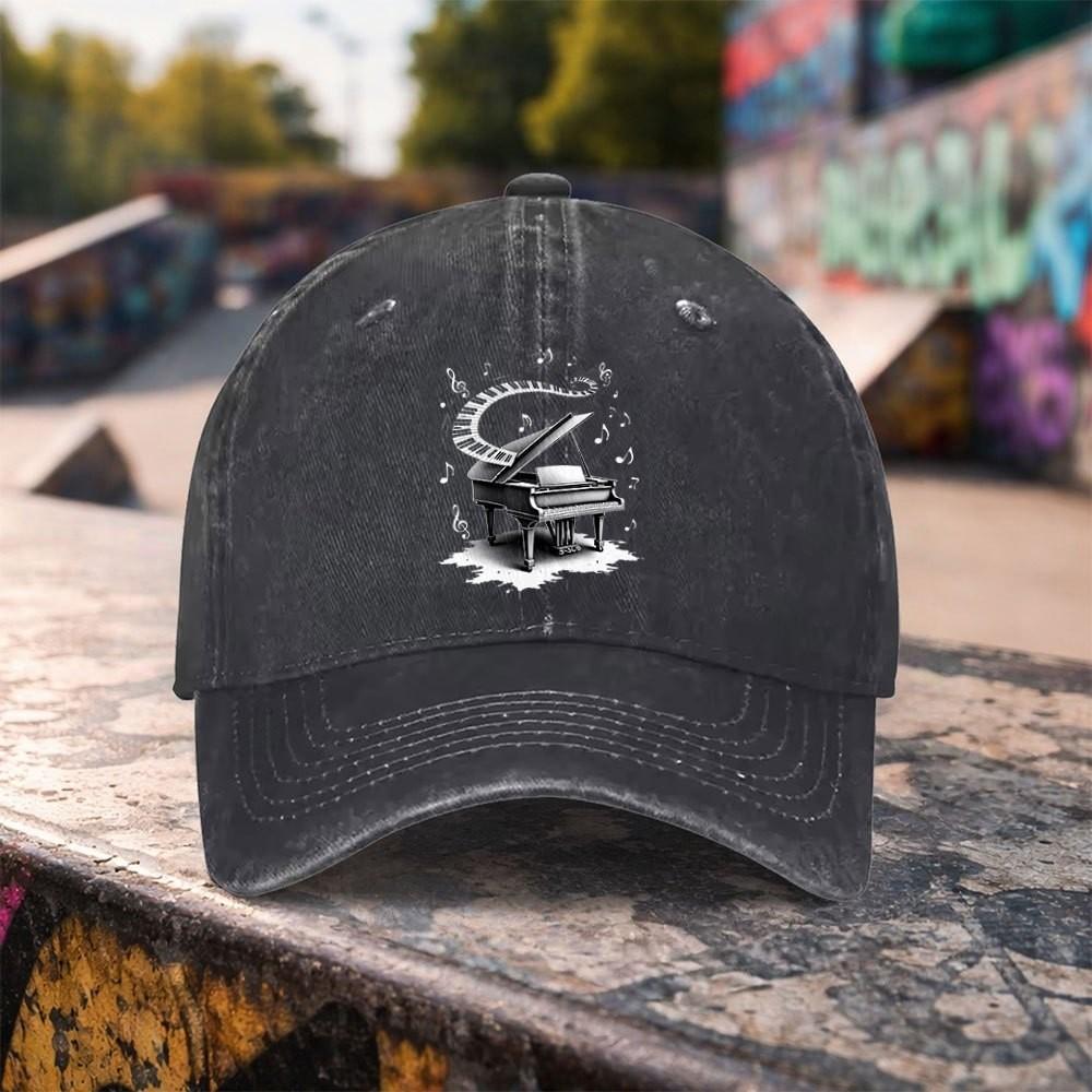 Piano Music Note Graphic Washed Baseball Cap Distressed Cotton Outdoor Casual Adjustable Hat