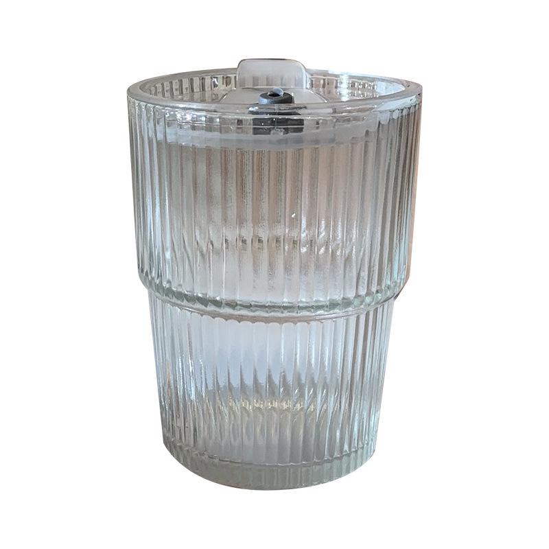 High-Value Glass Coffee Cup with Vertical Stripes, Lid & Straw for Latte, Iced Americano, Water, and Beverages