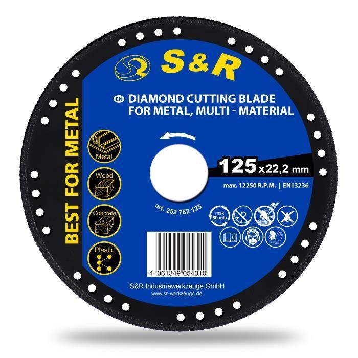 S&amp;R Disque diamant 125 / Meule à tronçonner METAL, BOIS, PIERRE, PLASTIQUE, pour Meuleuses d'Angle