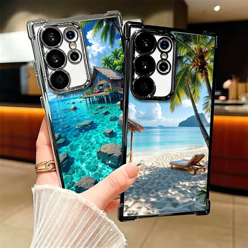 Summer Beach Sea Palm Tree Vacation Plating Phone Case For Samsung Galaxy S24 S25 FE S26 Edge S23 Ultra S22 S21 Plus S20 Anti-Fa