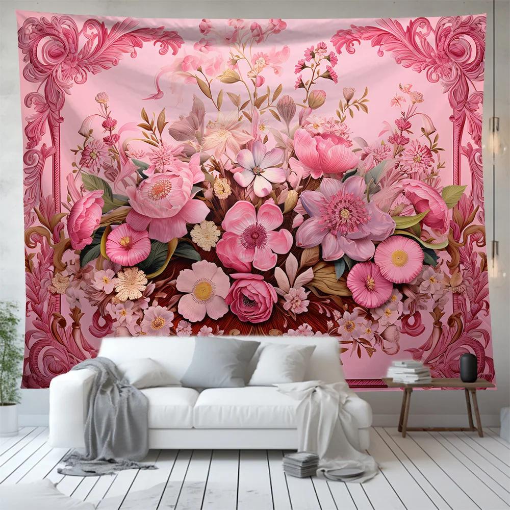 Chic Pink Floral Tapestry Flower Plant Series Wall Hanging Background Cloth Nordic Home Living Room Bedroom Decor Tapestries