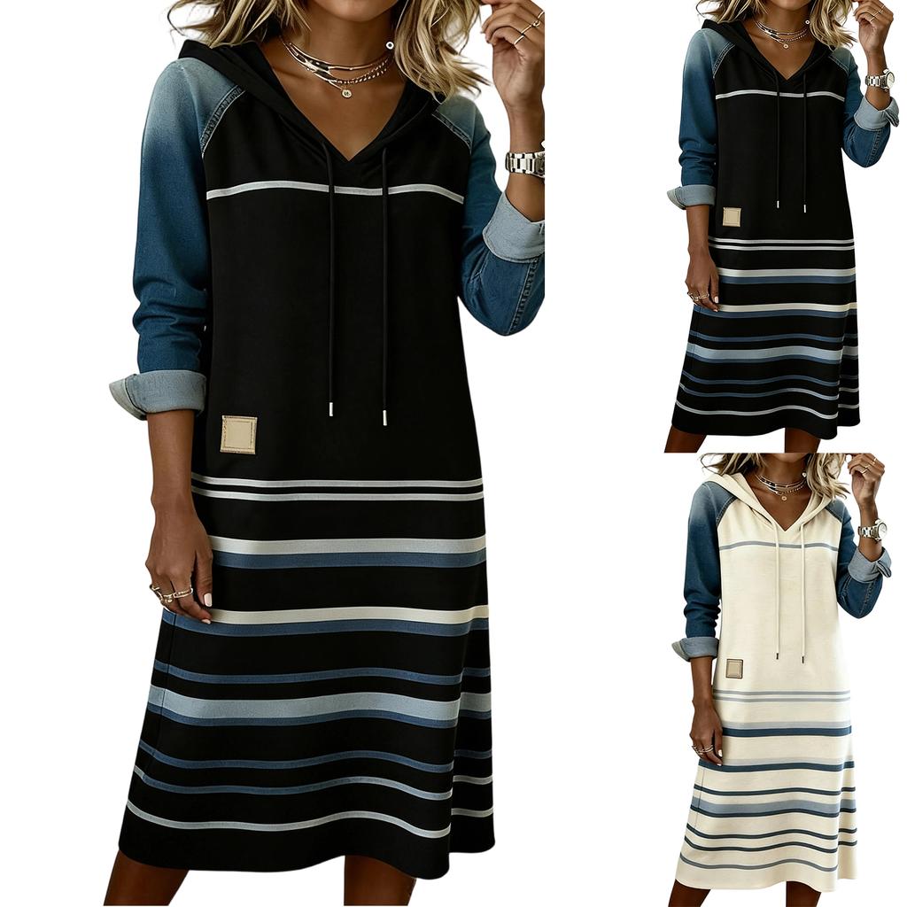 Women's Fashion Casual V-Neck Denim Long Sleeve Patchwork Hooded Drawstring Striped Print Dress